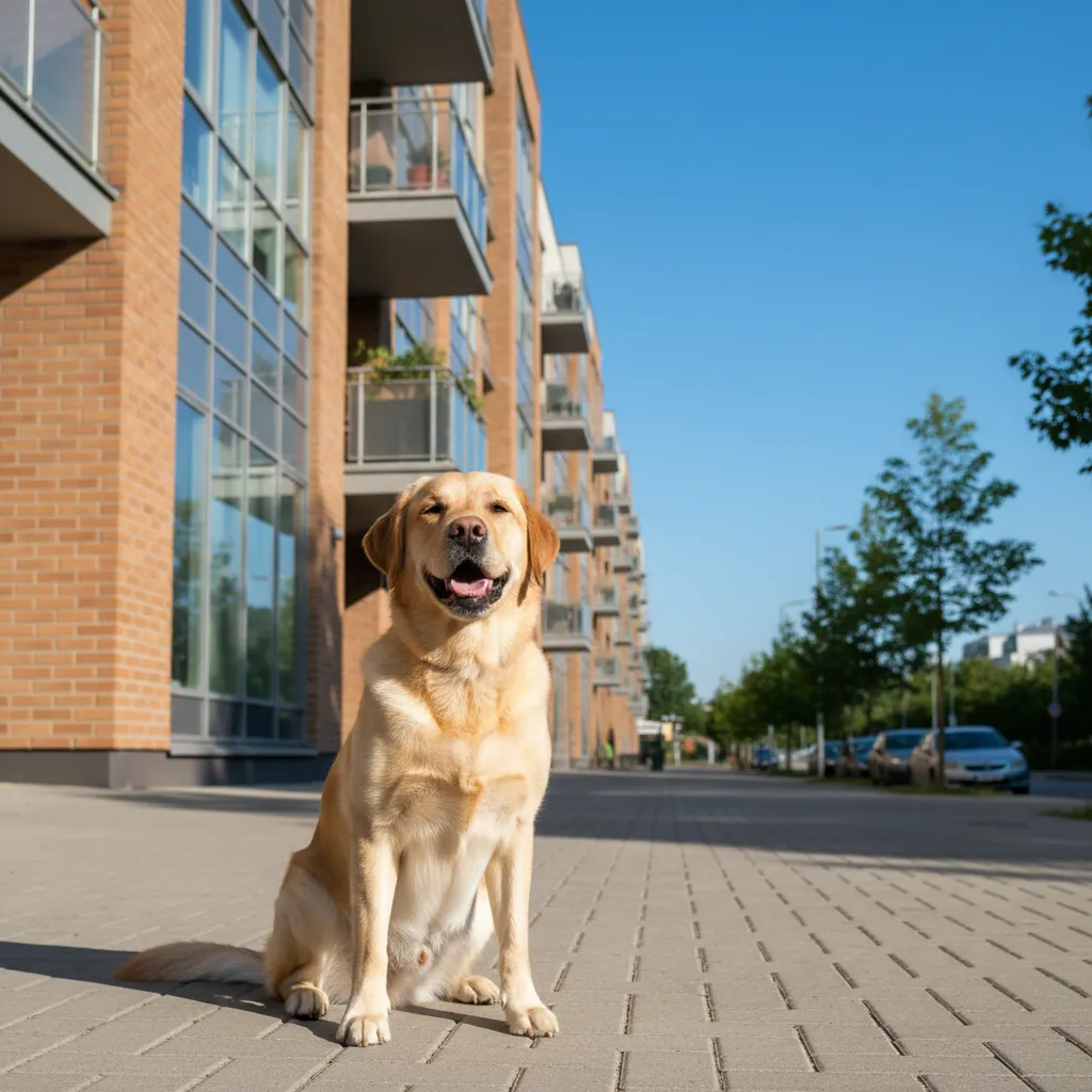 A golden retriever sitting on a city sidewalk
