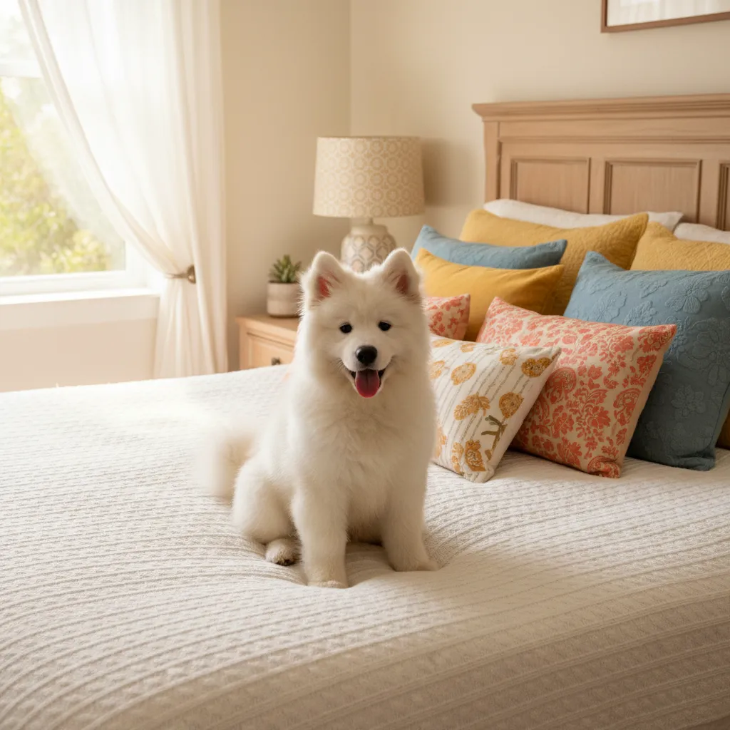 A dog sitting on a bed surrounded by pillows